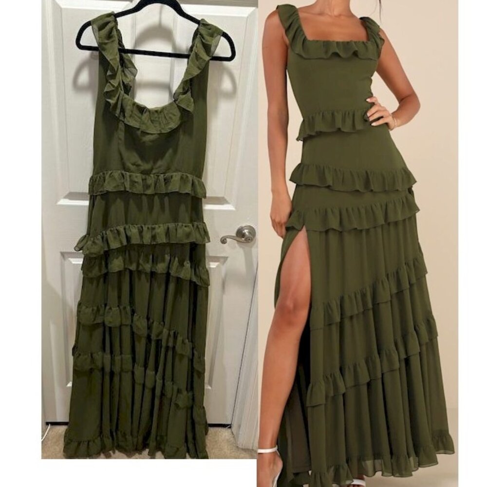 Lulu's Olive Green Ruffle Maxi Dress